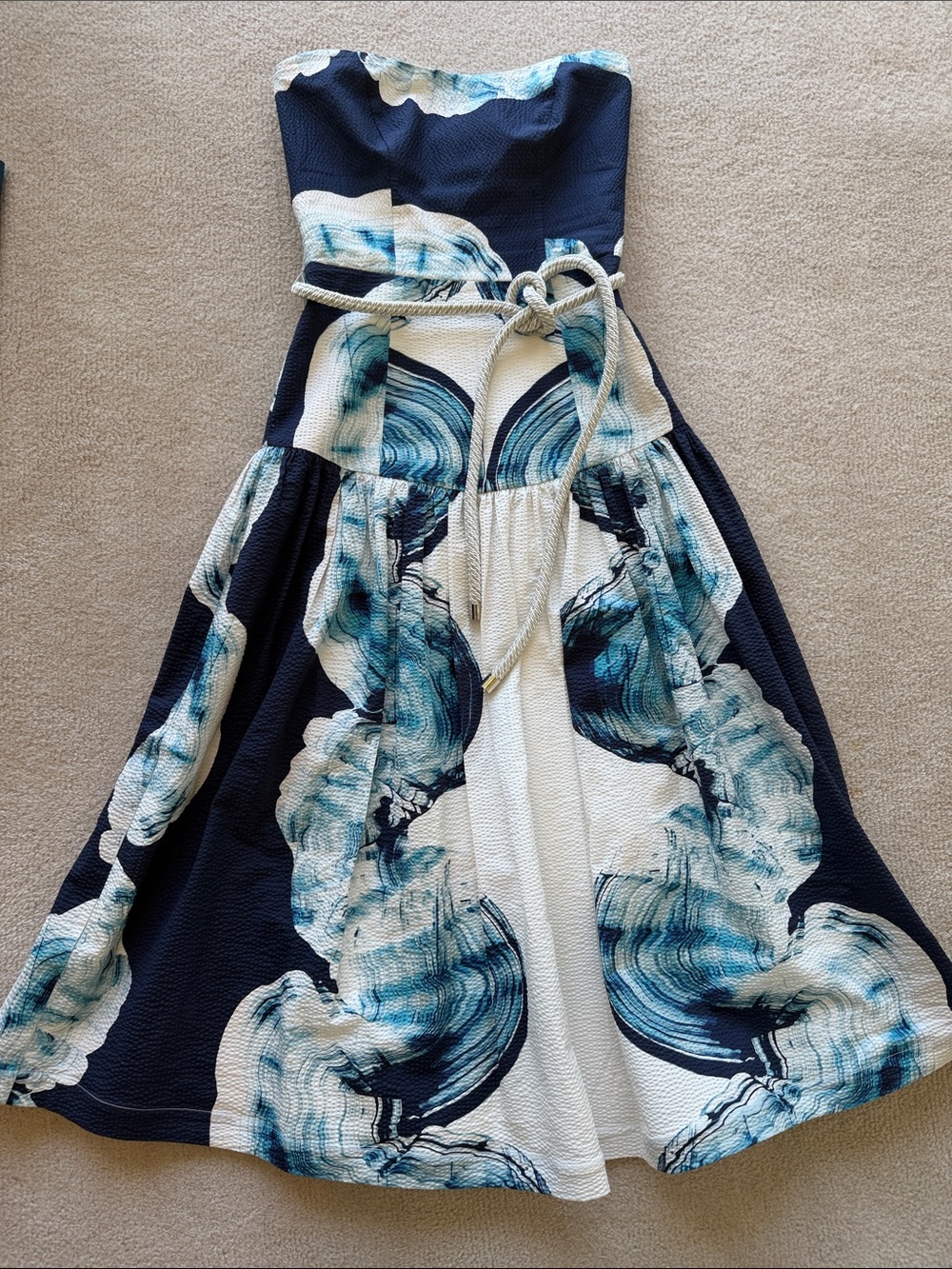 Silvia Tcherassi Navy, Teal and White Strapless Midi Dress